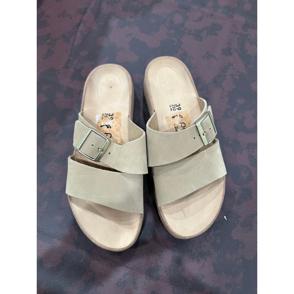 Papillio by Birkenstock Tan Nubuck Platform Slide Sandals Gold Buckle Size 39